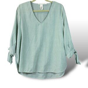 H&M Blouse Womens Size L Green/White Striped V-Neck 3/4 Bow Sleeves Rounded Hem